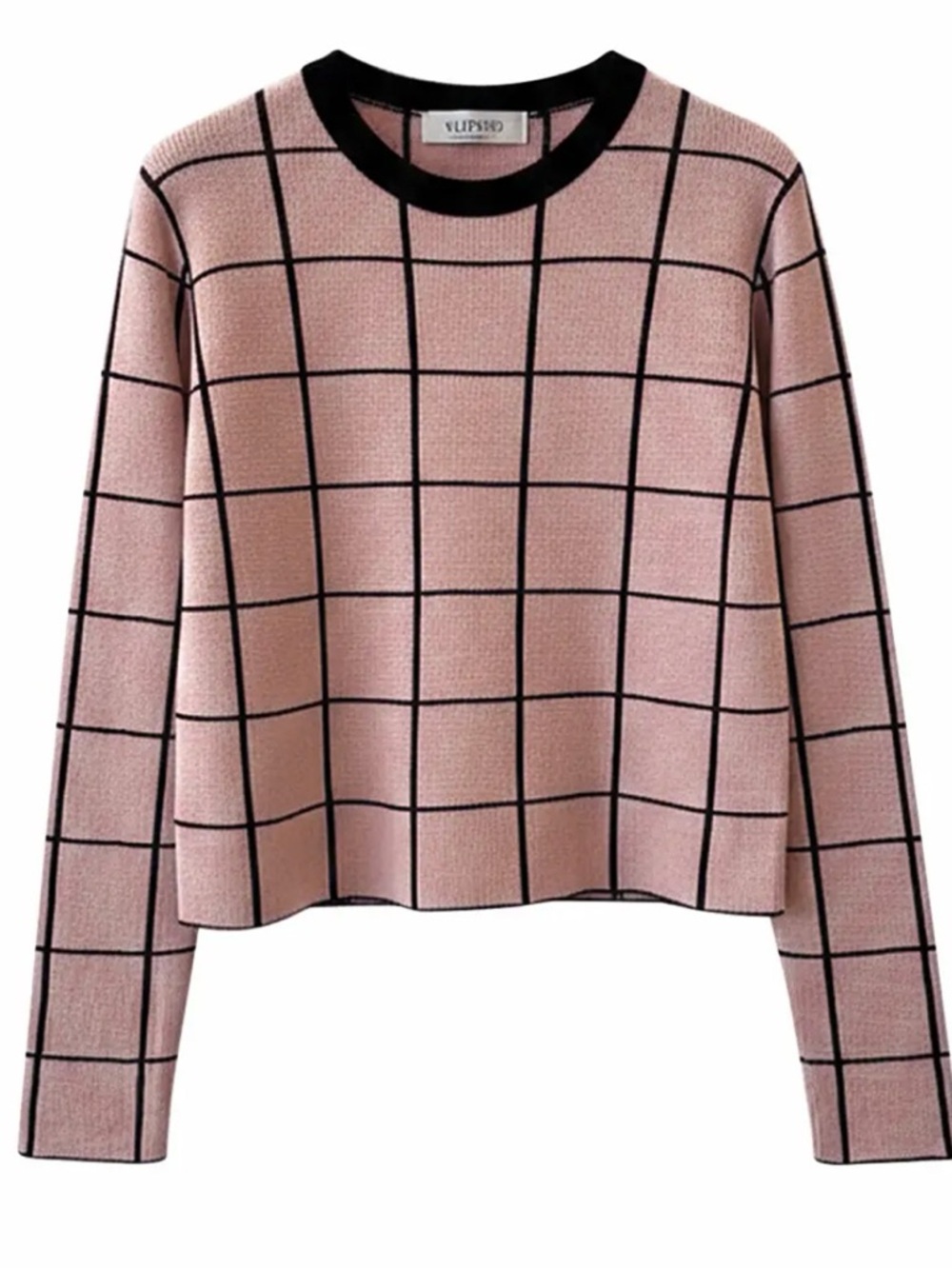 Valentino Pink and Black Grid Windowpane Knit Long Sleeve Crop Sweater Top